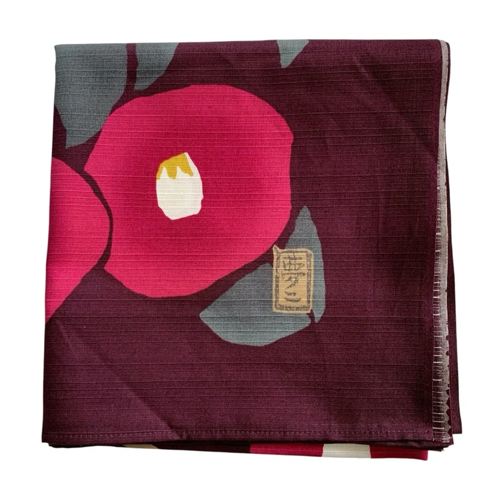Musubi Japanese Furoshiki 36” Takehisa Yumeji Camellia Purple Cotton Cloth Japan